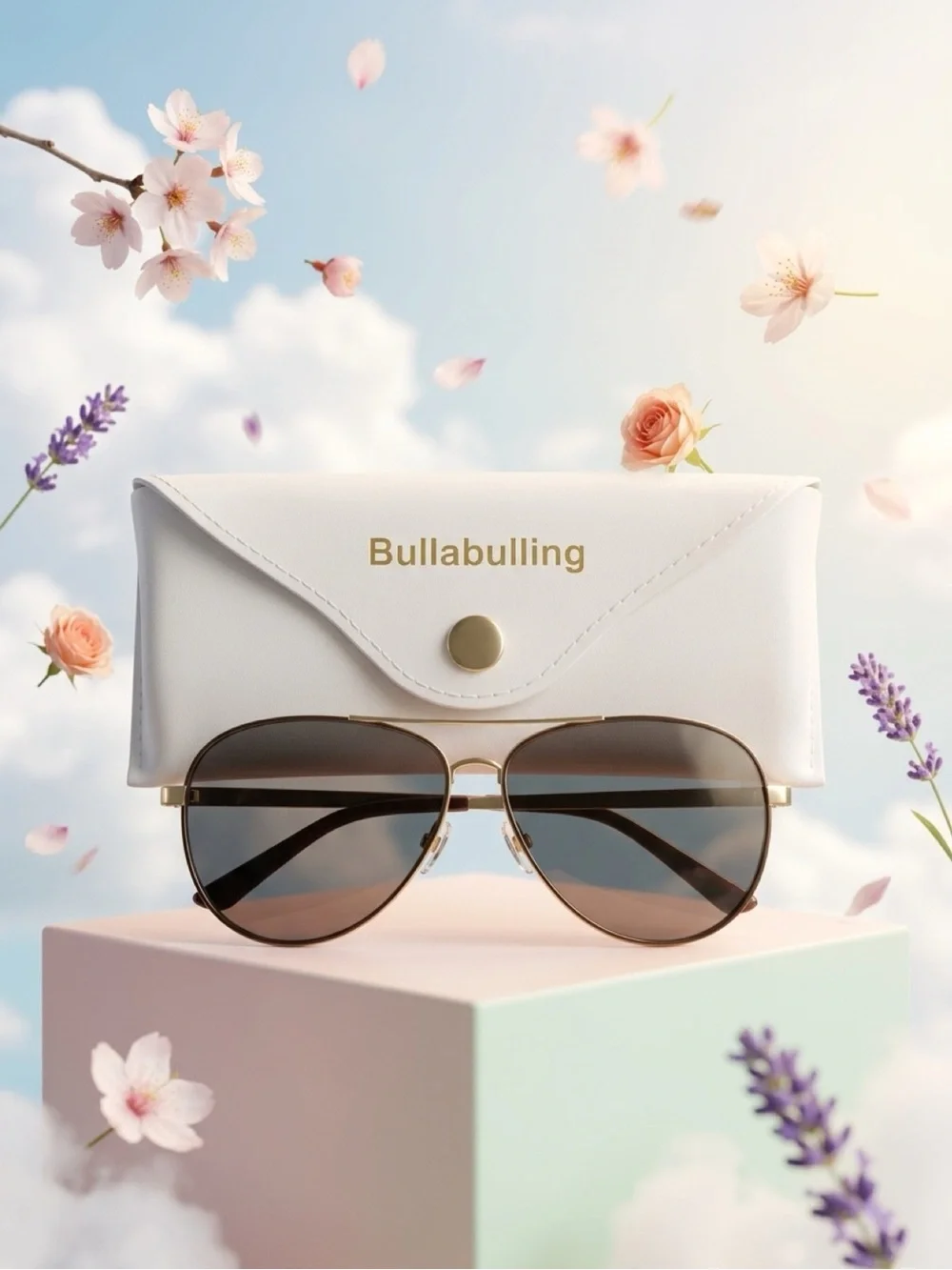 bullabulling Women's White Sunglasses Case with Gold-Accented Aviator Sunglasses